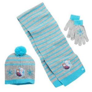 Girls Disney Frozen Anna Elsa Hat, Scarf & Gloves 3 Pc Set Blue Winter Beanie